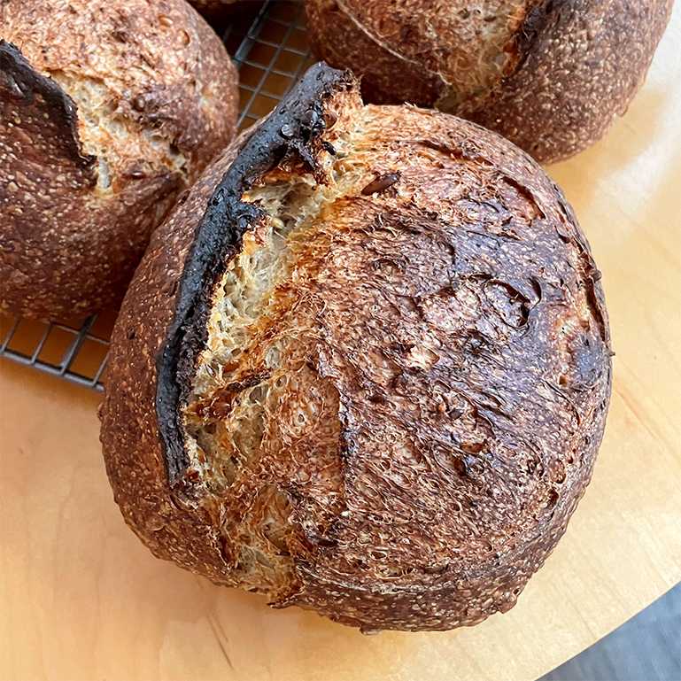 Baked sourdough bread batard cooling on rack