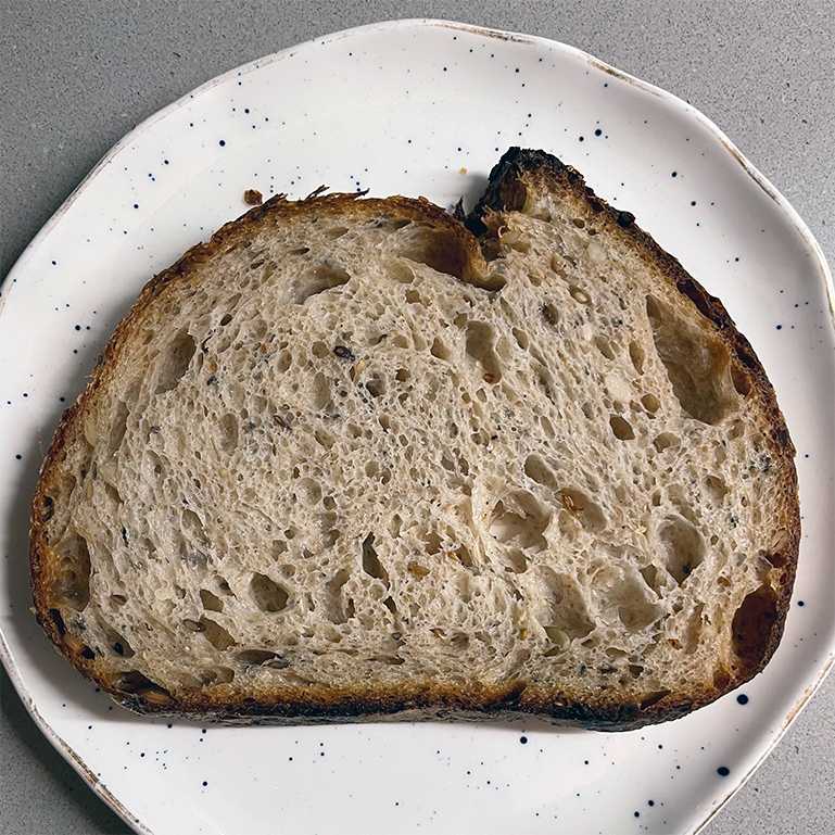 A single slice of a seeded sourdough bread on plate showing off a crusty ear.